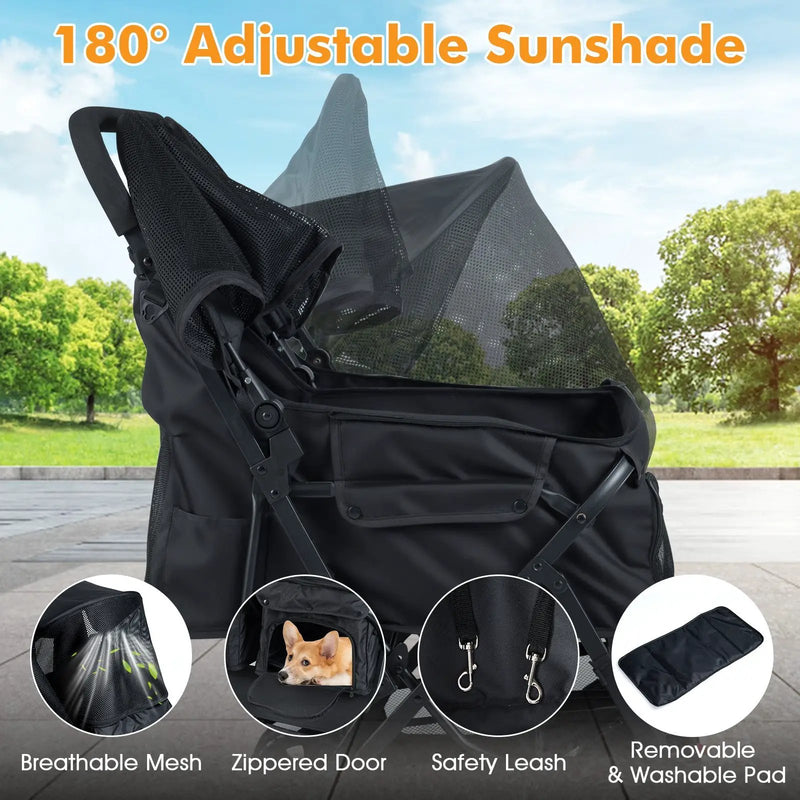 Foldable Double Pet Stroller with Adjustable Sunshade and Storage Basket by DirectDeals