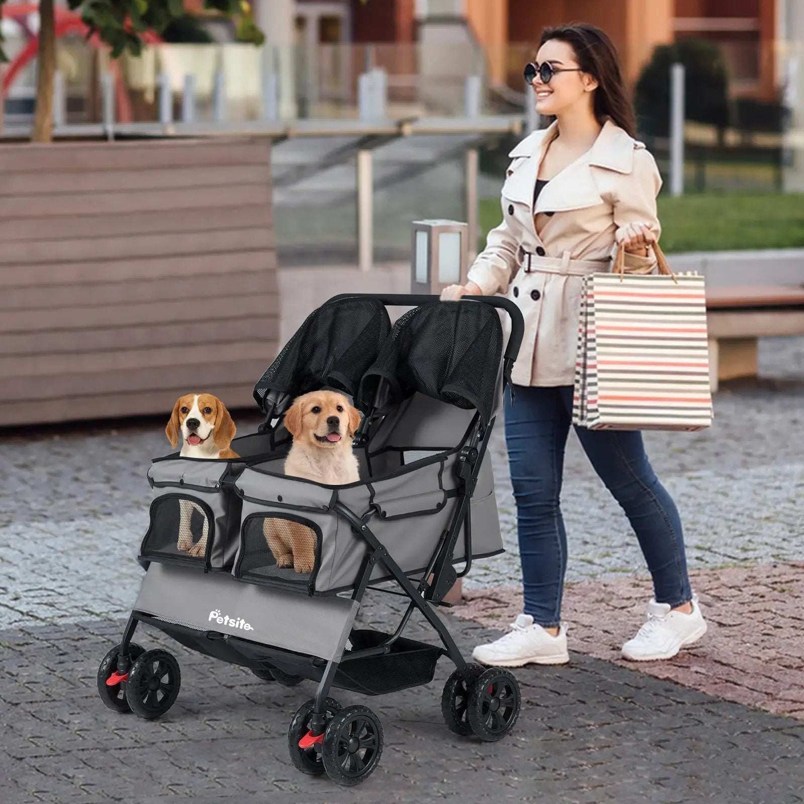 Foldable Double Pet Stroller with Adjustable Sunshade and Storage Basket by DirectDeals