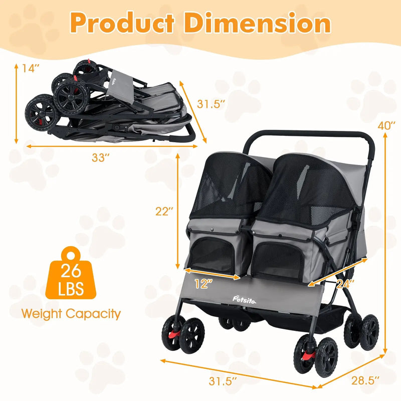 Foldable Double Pet Stroller with Adjustable Sunshade and Storage Basket by DirectDeals