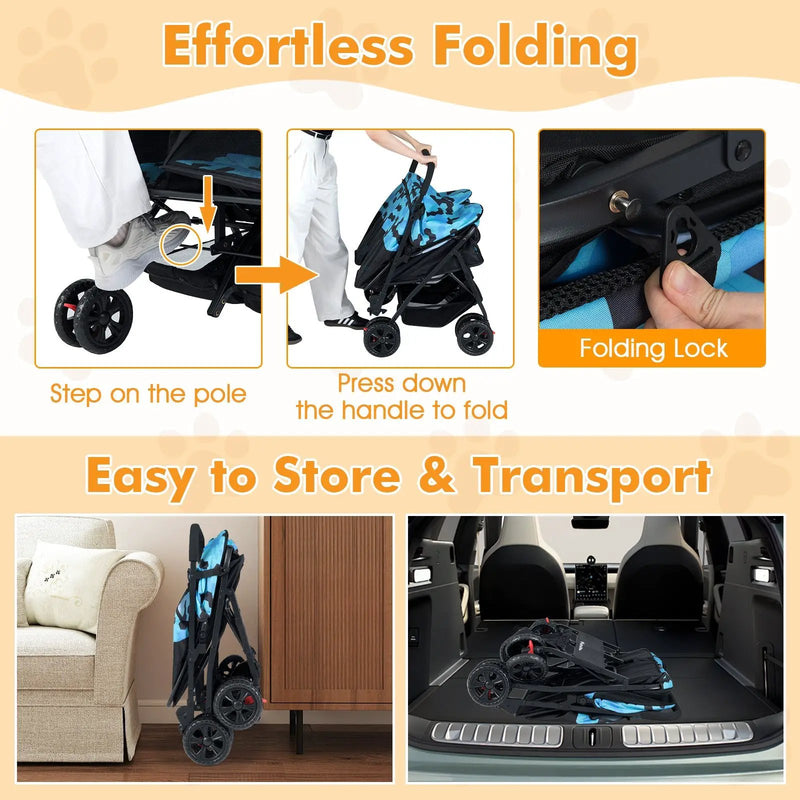 Foldable Double Pet Stroller with Adjustable Sunshade and Storage Basket by DirectDeals