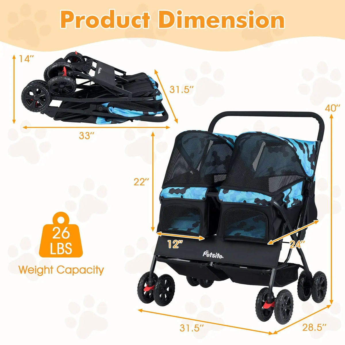 Foldable Double Pet Stroller with Adjustable Sunshade and Storage Basket, photo 13 of 24
