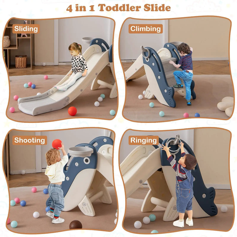 Foldable Freestanding Baby Slide Climber Playset with Basketball Hoop for Kids-Blue by DirectDeals
