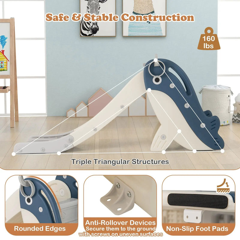 Foldable Freestanding Baby Slide Climber Playset with Basketball Hoop for Kids-Blue by DirectDeals