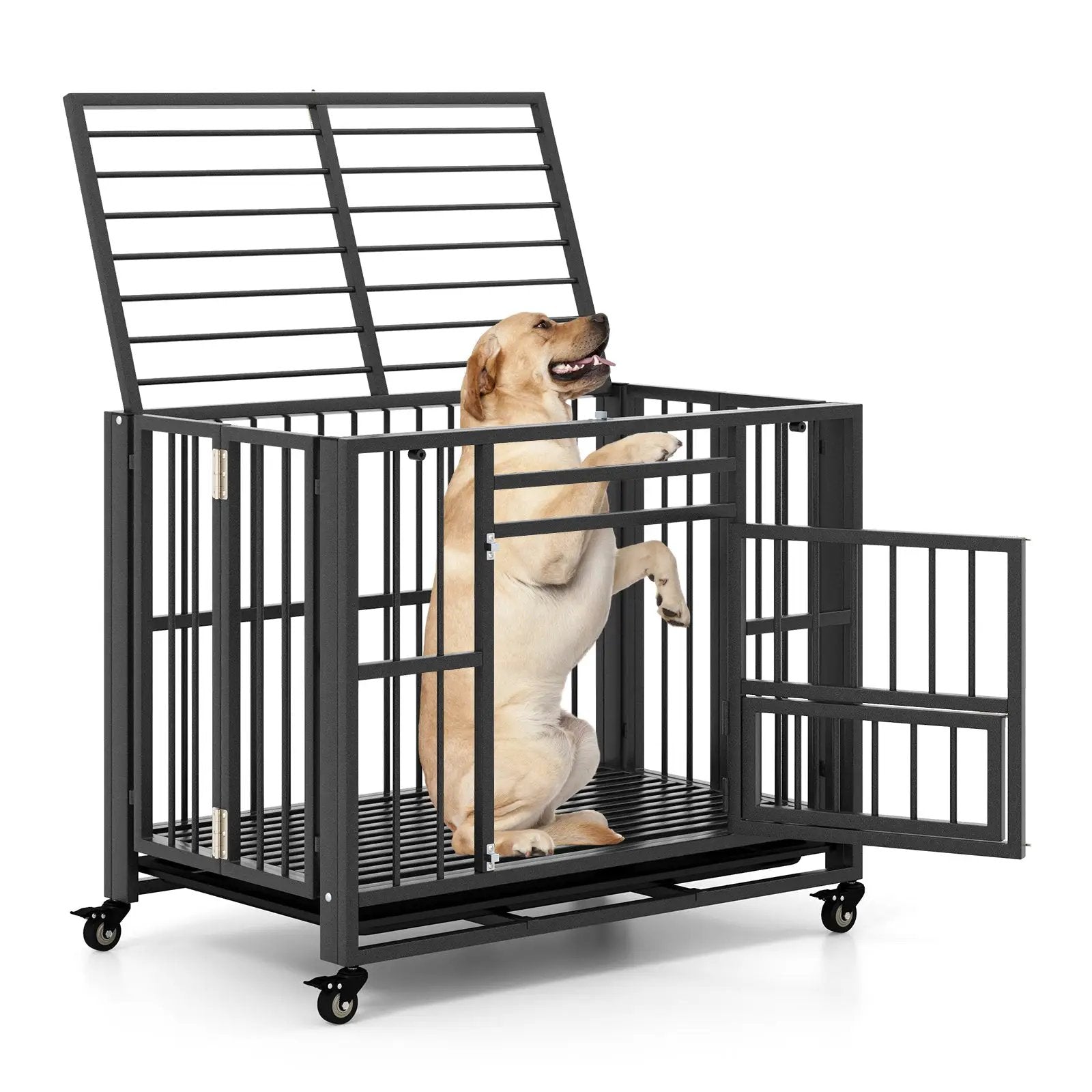 Foldable Heavy-Duty Metal Dog Cage Chew-proof Dog Crate with Lockable Universal Wheels by DirectDeals