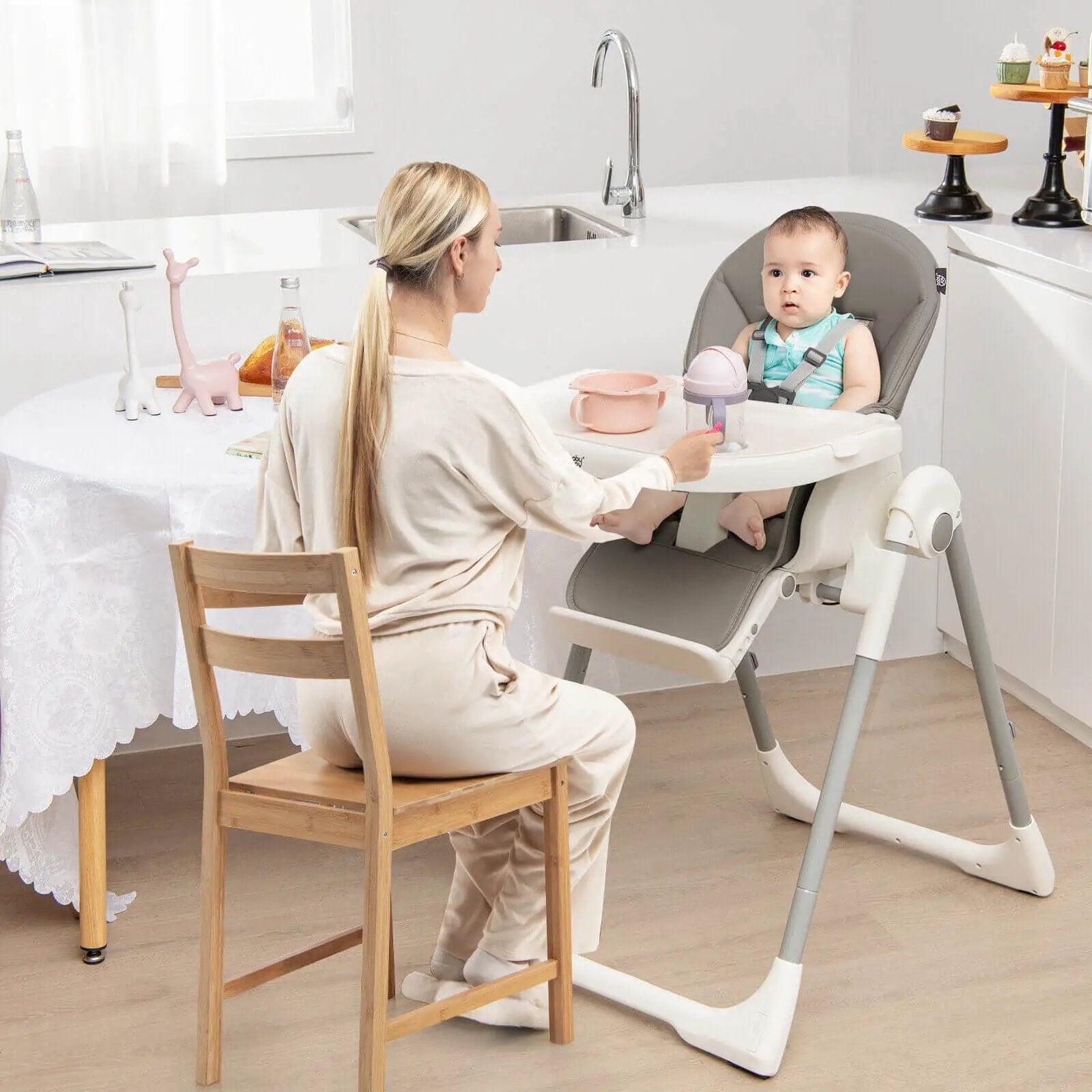4-in-1 Foldable Baby High Chair with 7 Adjustable Heights and Free Toys Bar by DirectDeals