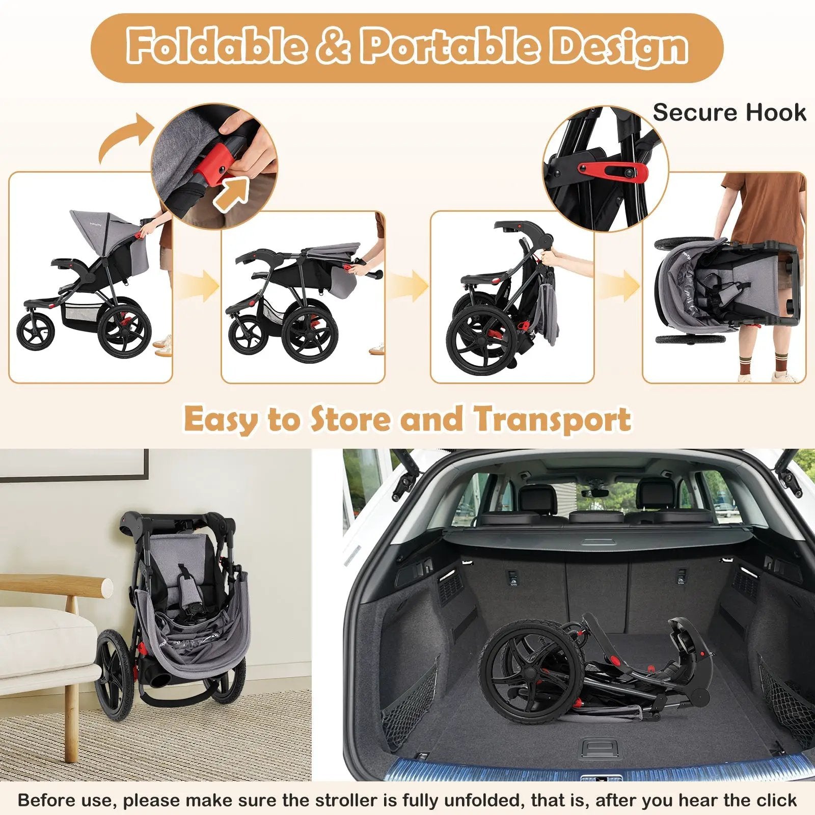 Foldable Jogging Stroller with Detachable Tray and Air-Filled Rubber Tires by DirectDeals