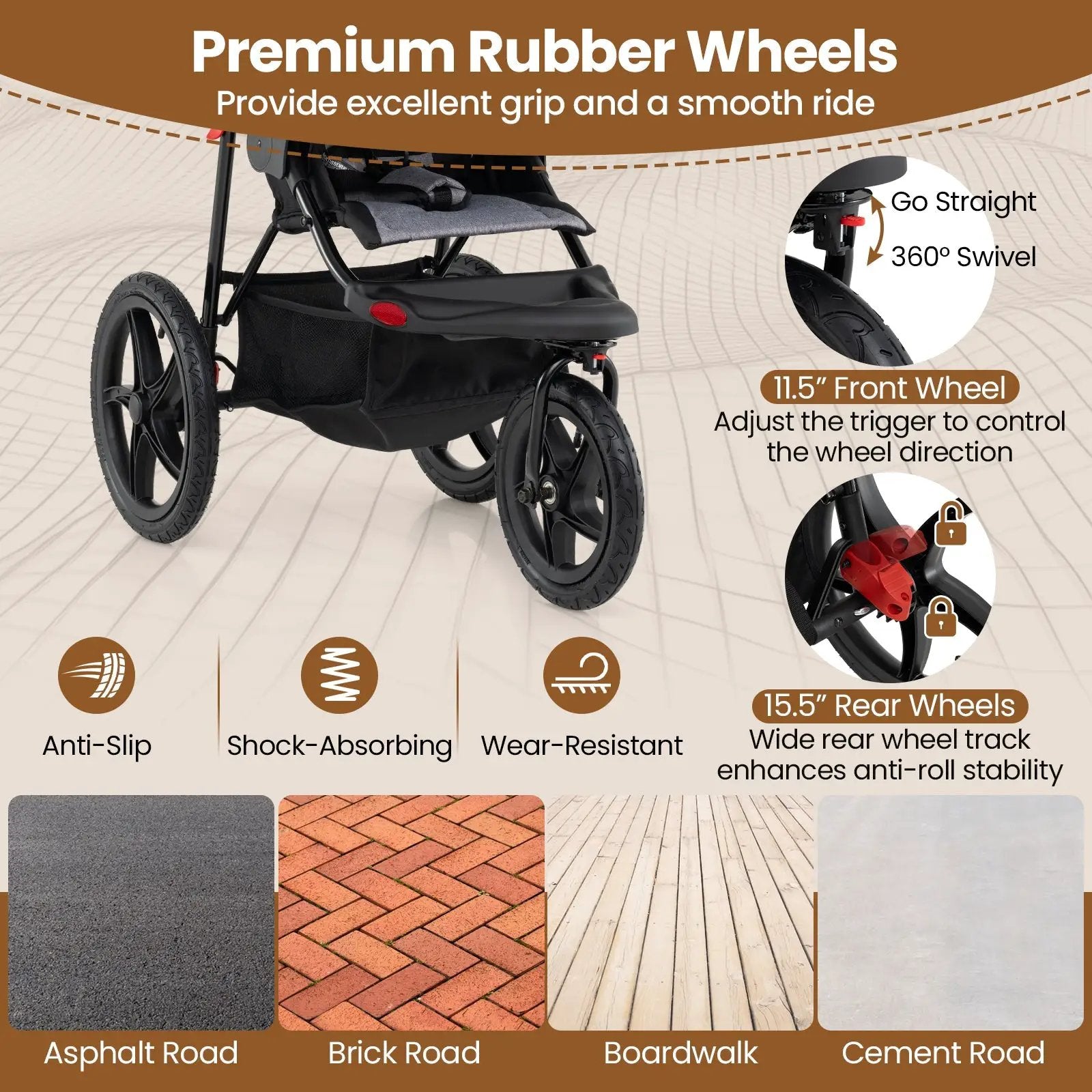 Foldable Jogging Stroller with Detachable Tray and Air-Filled Rubber Tires by DirectDeals