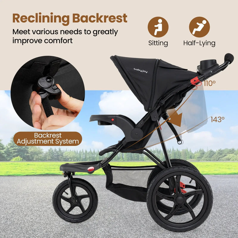 Foldable Jogging Stroller with Detachable Tray and Air-Filled Rubber Tires by DirectDeals