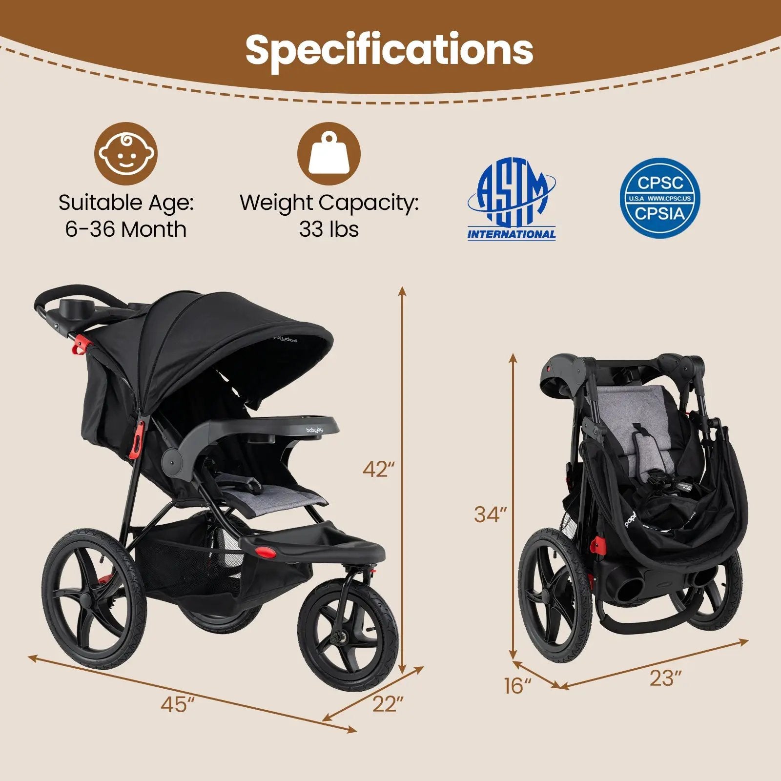 Foldable Jogging Stroller with Detachable Tray and Air-Filled Rubber Tires by DirectDeals