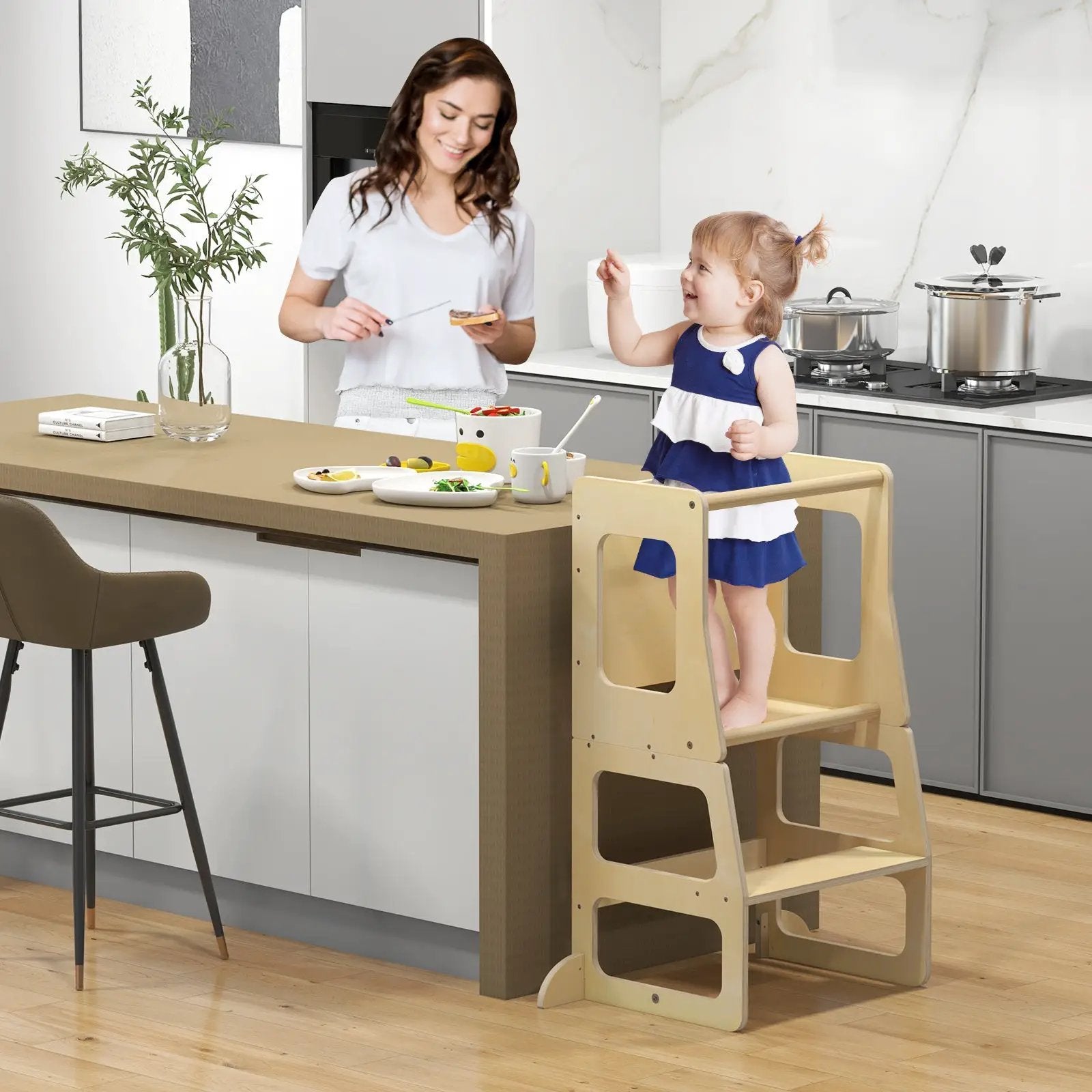 3-in-1 Foldable Kitchen Standing Tower for Toddlers with Chalkboard-Natural by DirectDeals