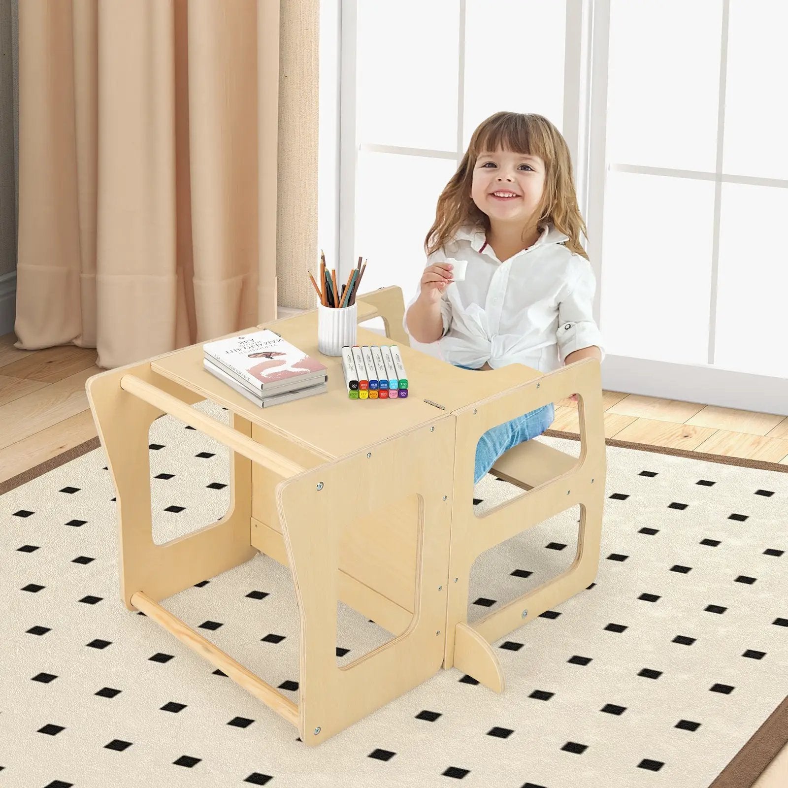 3-in-1 Foldable Kitchen Standing Tower for Toddlers with Chalkboard-Natural by DirectDeals