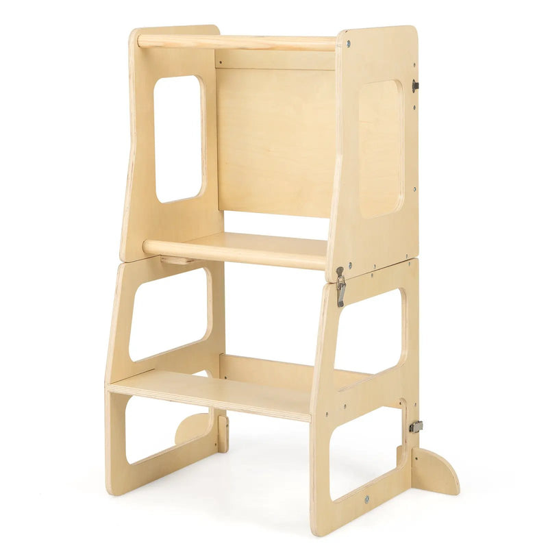 3-in-1 Foldable Kitchen Standing Tower for Toddlers with Chalkboard-Natural by DirectDeals