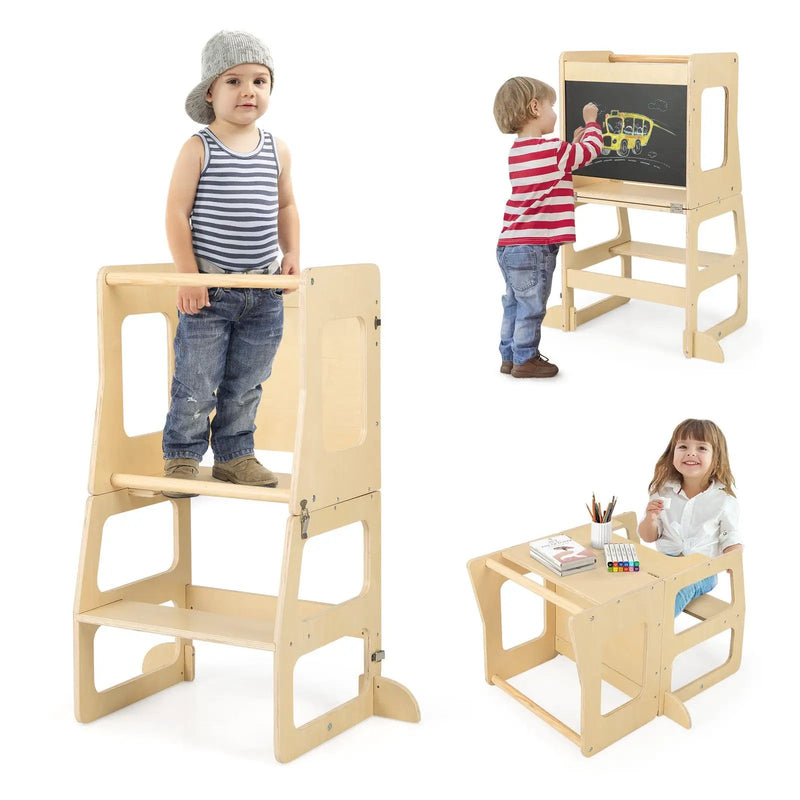 3-in-1 Foldable Kitchen Standing Tower for Toddlers with Chalkboard-Natural by DirectDeals
