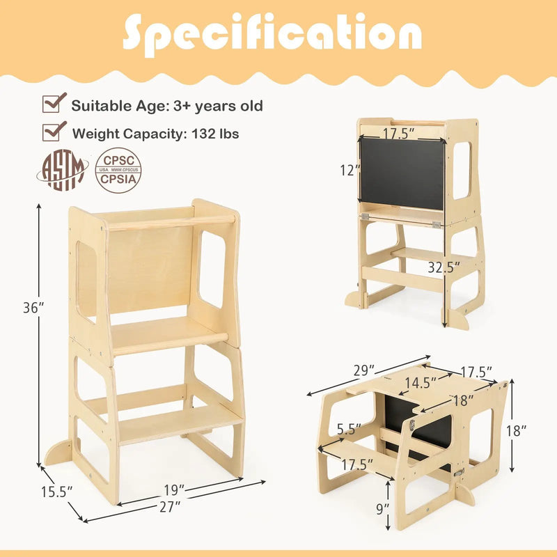 3-in-1 Foldable Kitchen Standing Tower for Toddlers with Chalkboard-Natural by DirectDeals