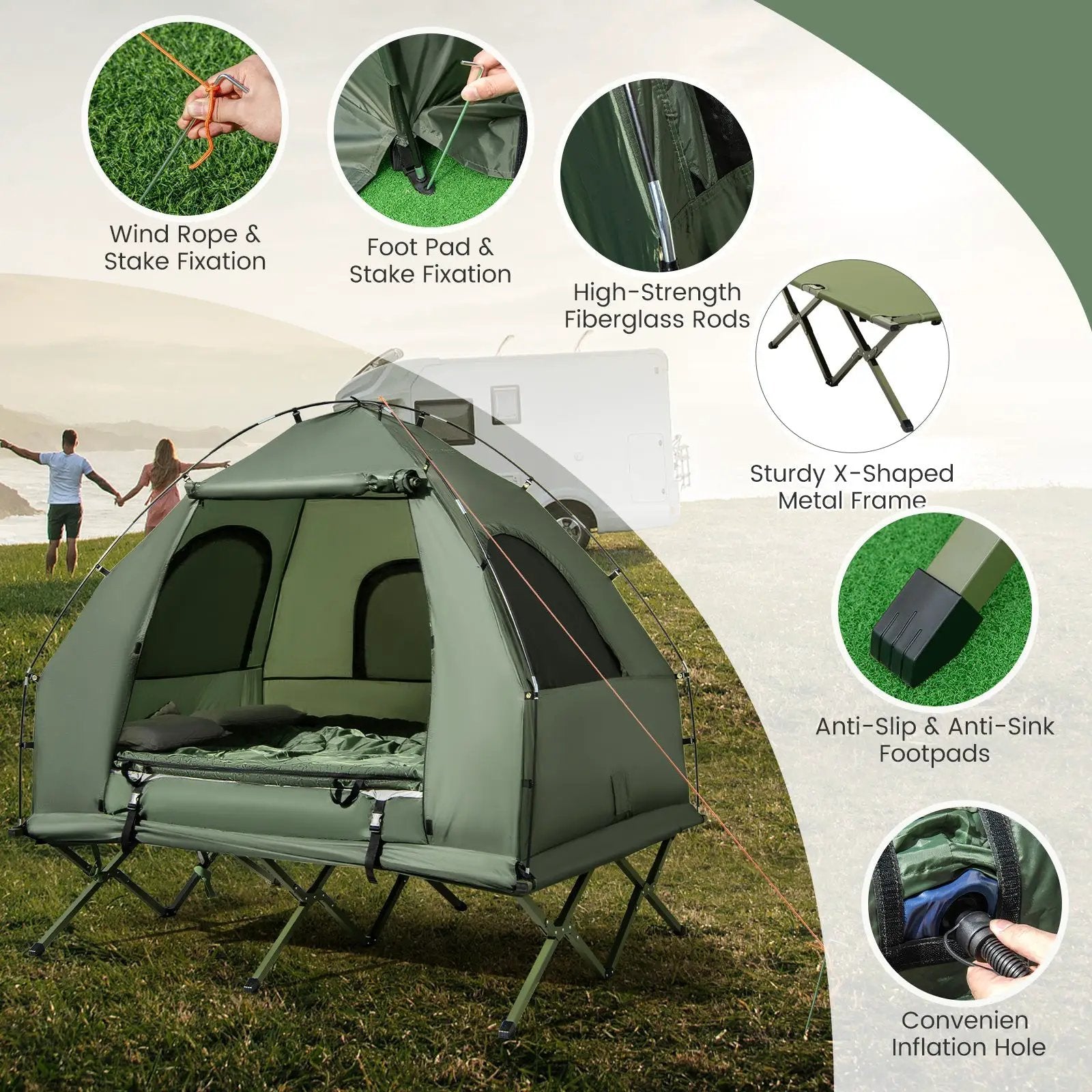 5-in-1 2-Person Foldable Outdoor Camping Tent Cot with Air Mattress and Sleeping Bag by DirectDeals