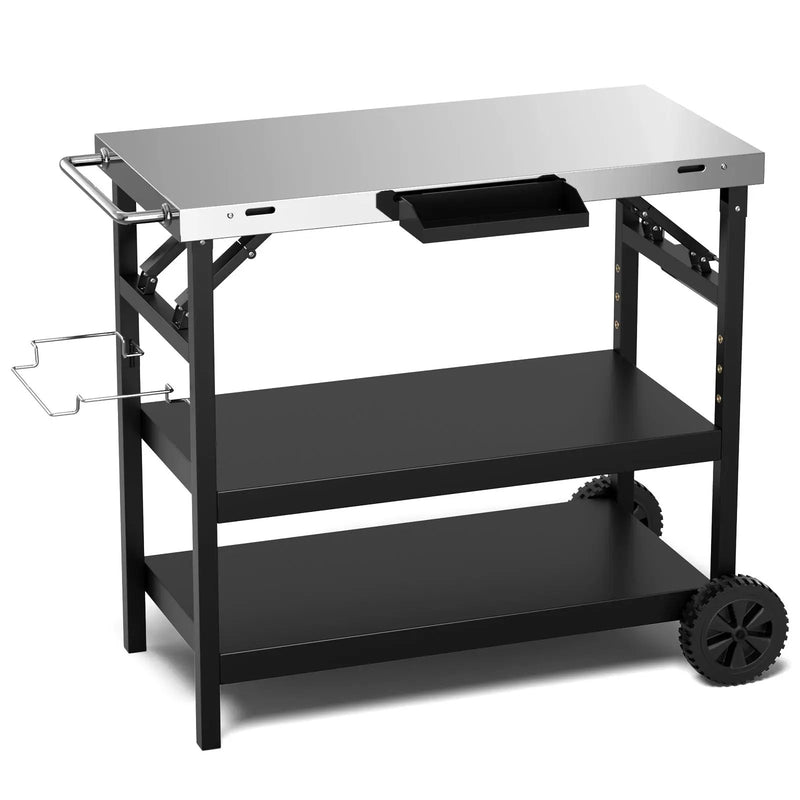 3 Tiers Foldable Outdoor Cart on 2 Wheels with Phone Holder-Black by DirectDeals
