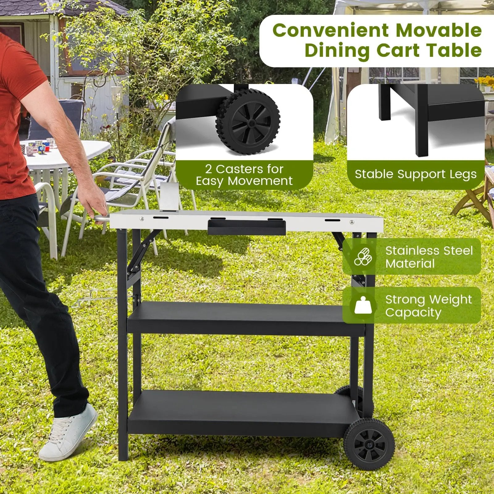 3 Tiers Foldable Outdoor Cart on 2 Wheels with Phone Holder-Black by DirectDeals