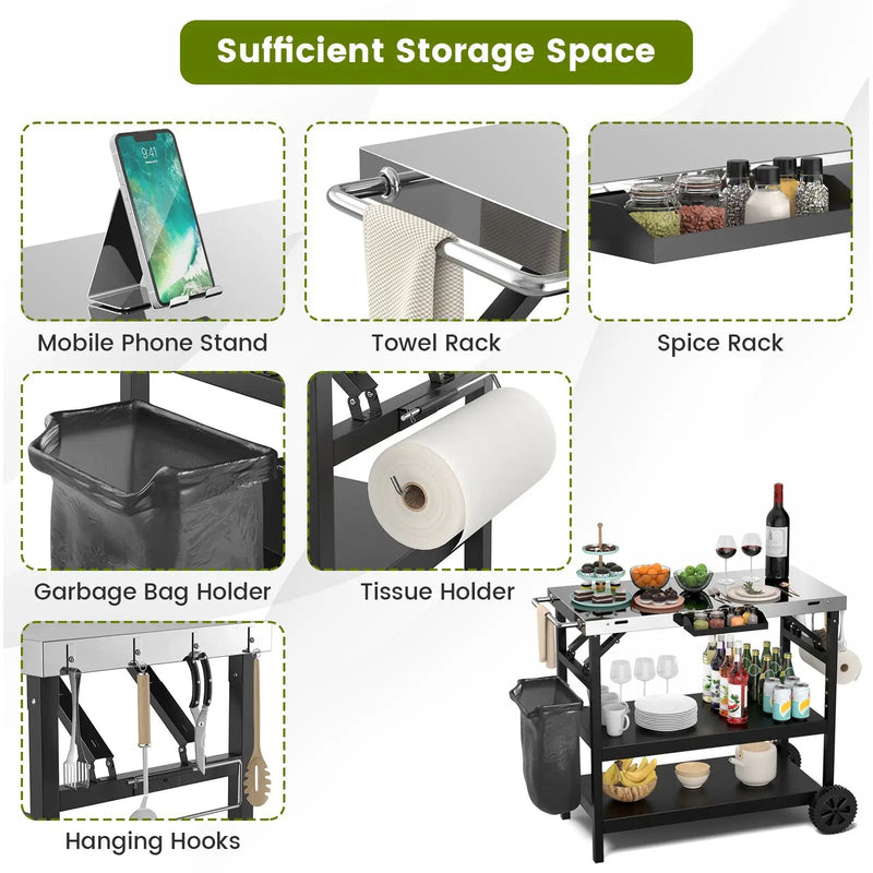 3 Tiers Foldable Outdoor Cart on 2 Wheels with Phone Holder-Black by DirectDeals