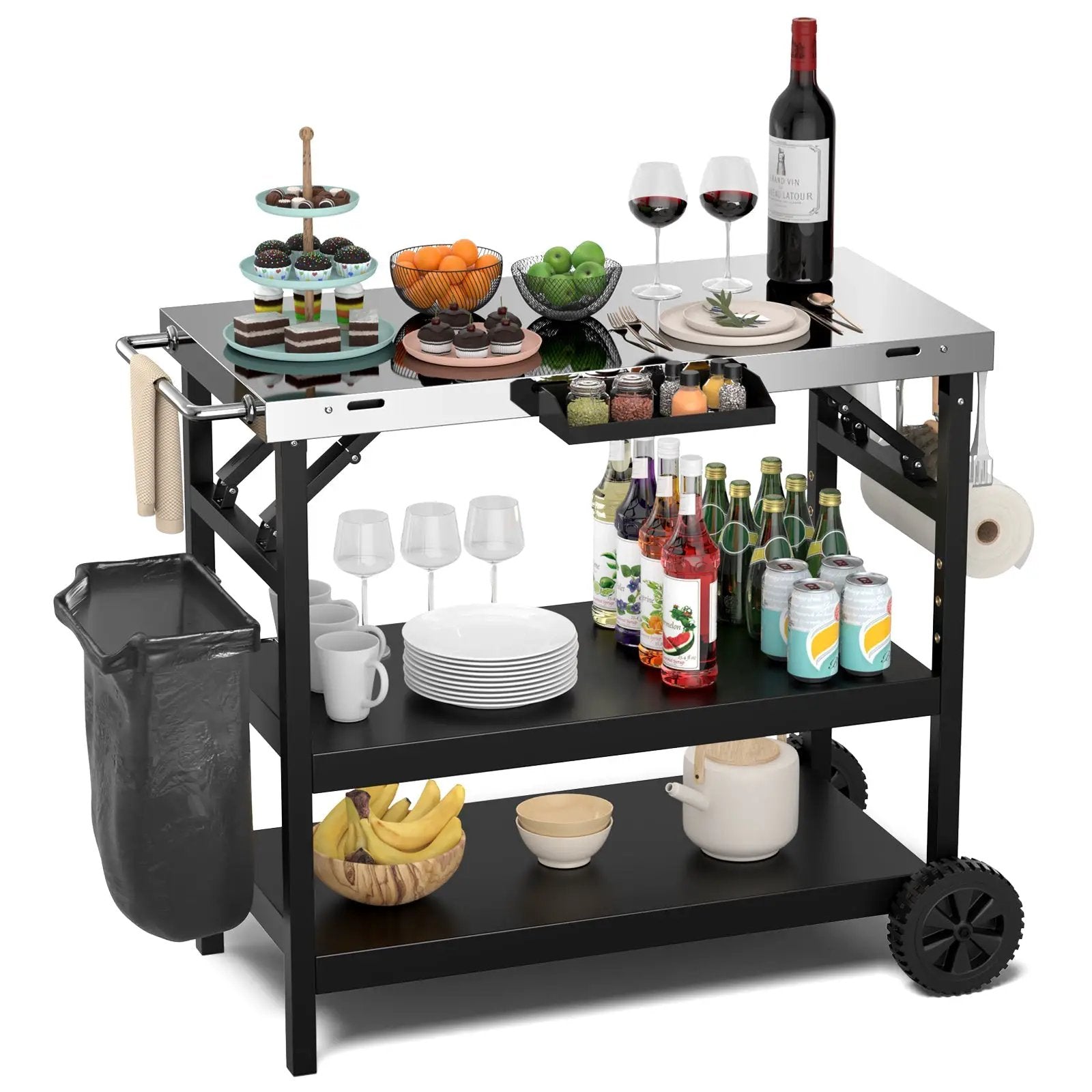 3 Tiers Foldable Outdoor Cart on 2 Wheels with Phone Holder-Black by DirectDeals