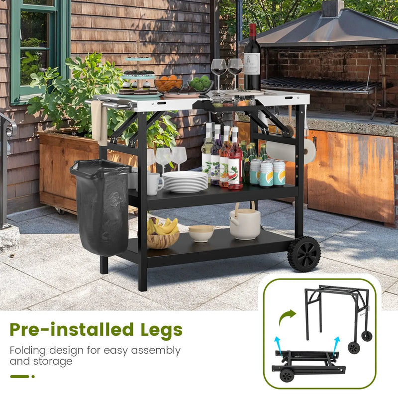 3 Tiers Foldable Outdoor Cart on 2 Wheels with Phone Holder-Black by DirectDeals