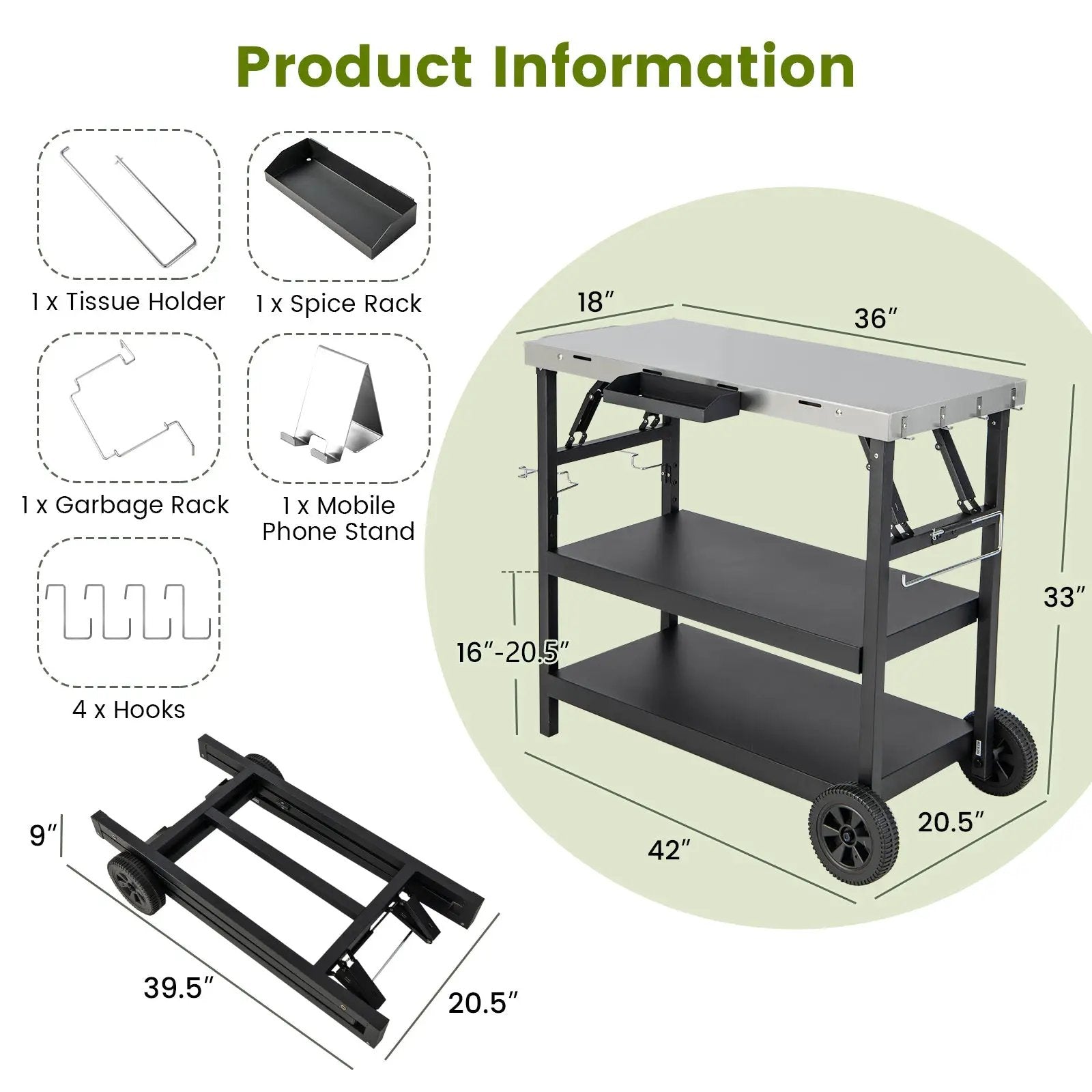 3 Tiers Foldable Outdoor Cart on 2 Wheels with Phone Holder-Black by DirectDeals