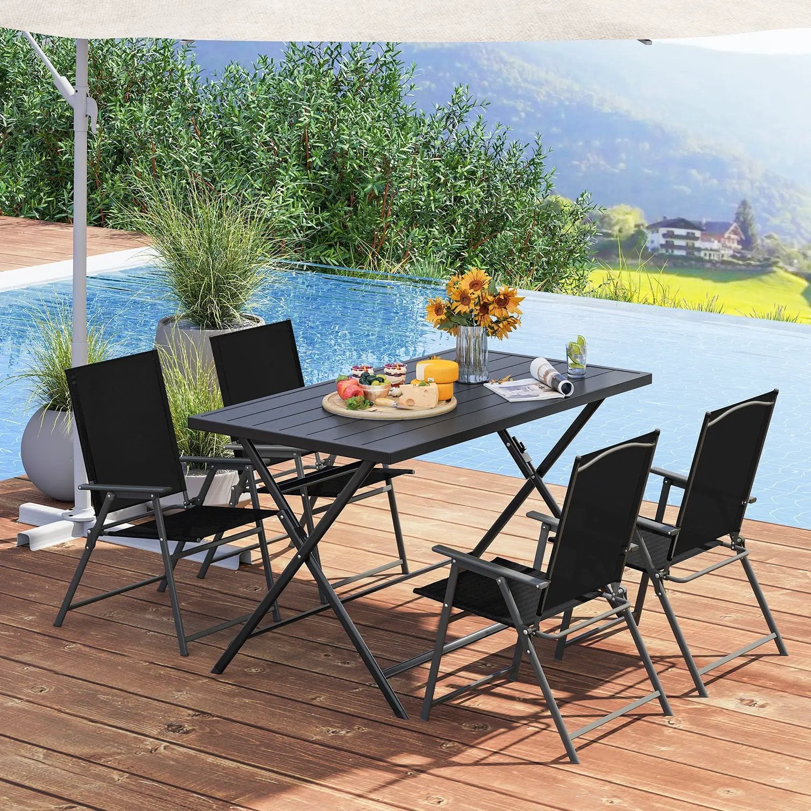 Foldable Outdoor Dining Table 48inch x 30inch Rectangular Metal Patio Table with Slatted Tabletop-Black by DirectDeals