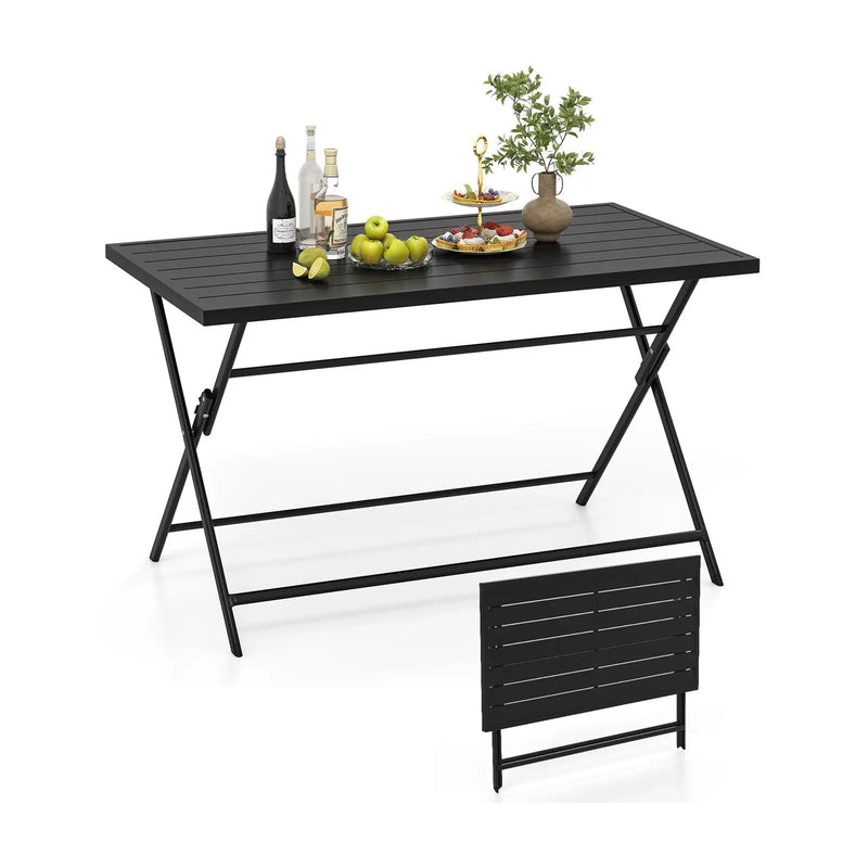 Foldable Outdoor Dining Table 48inch x 30inch Rectangular Metal Patio Table with Slatted Tabletop-Black by DirectDeals