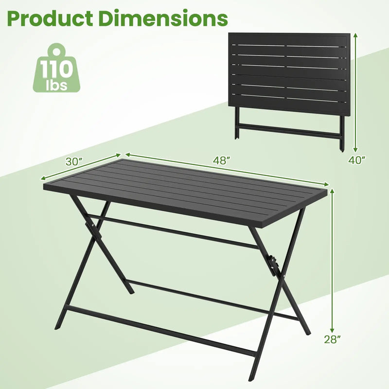 Foldable Outdoor Dining Table 48inch x 30inch Rectangular Metal Patio Table with Slatted Tabletop-Black by DirectDeals