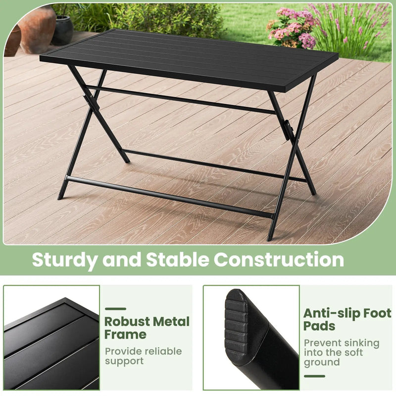 Foldable Outdoor Dining Table 48inch x 30inch Rectangular Metal Patio Table with Slatted Tabletop-Black by DirectDeals