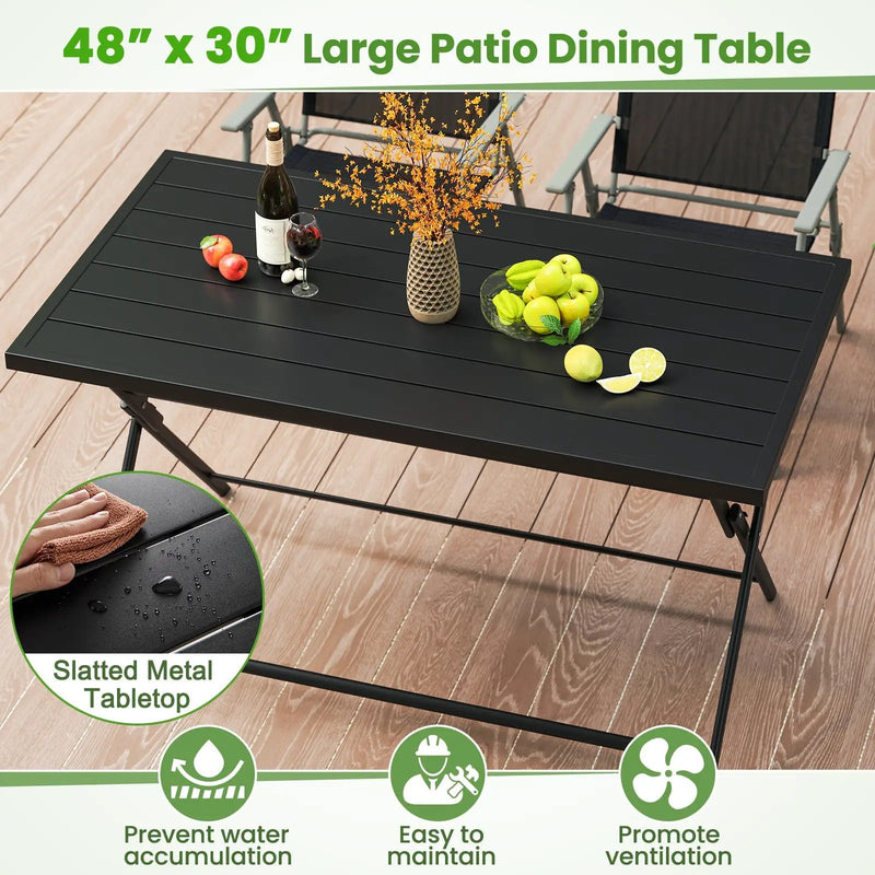 Foldable Outdoor Dining Table 48inch x 30inch Rectangular Metal Patio Table with Slatted Tabletop-Black by DirectDeals