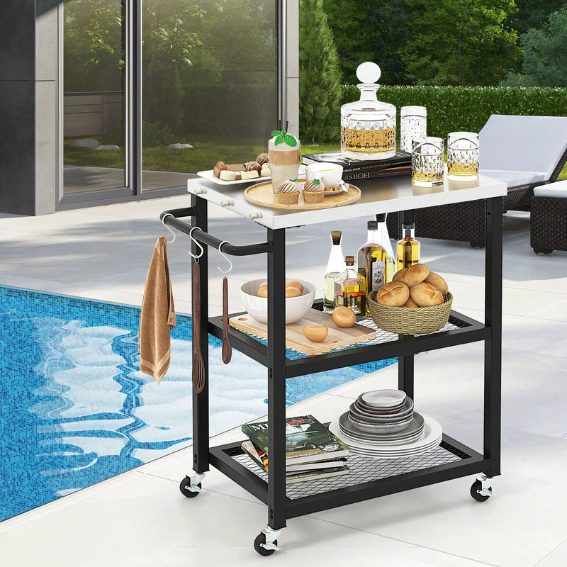 3-Tier Foldable Outdoor Stainless Steel Food Prepare Dining Cart Table on Wheels-Black by DirectDeals