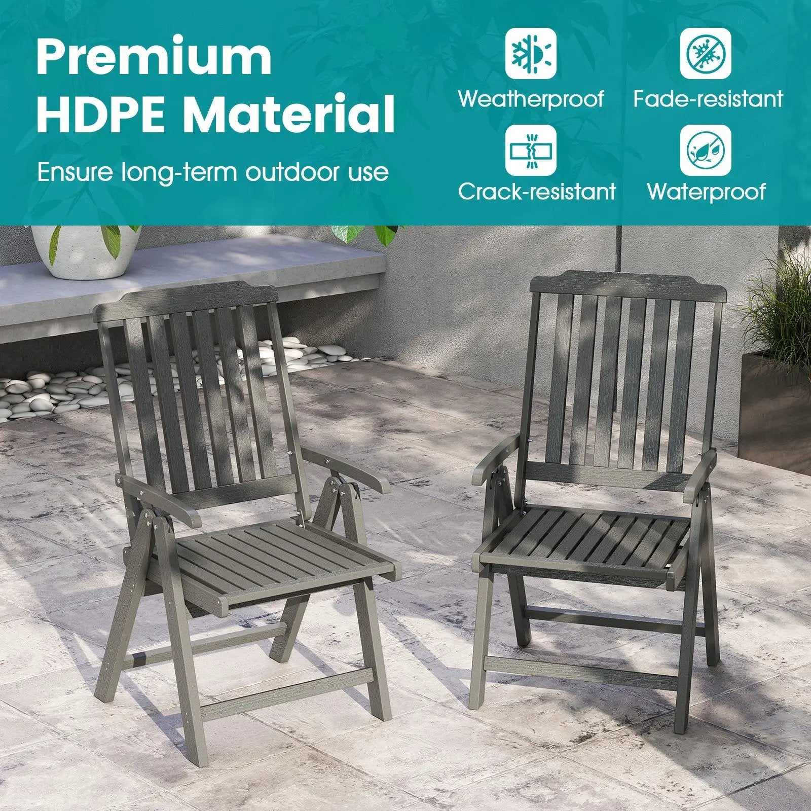 Foldable Patio Chair All-Weather HDPE Outdoor Dining Chair with Armrest by DirectDeals