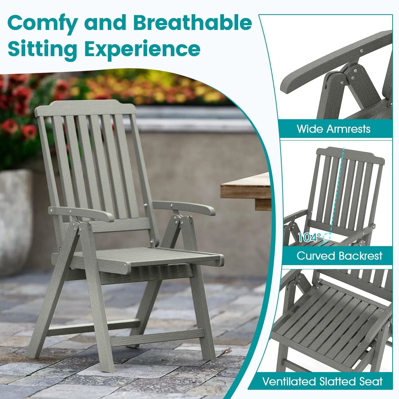 Foldable Patio Chair All-Weather HDPE Outdoor Dining Chair with Armrest by DirectDeals