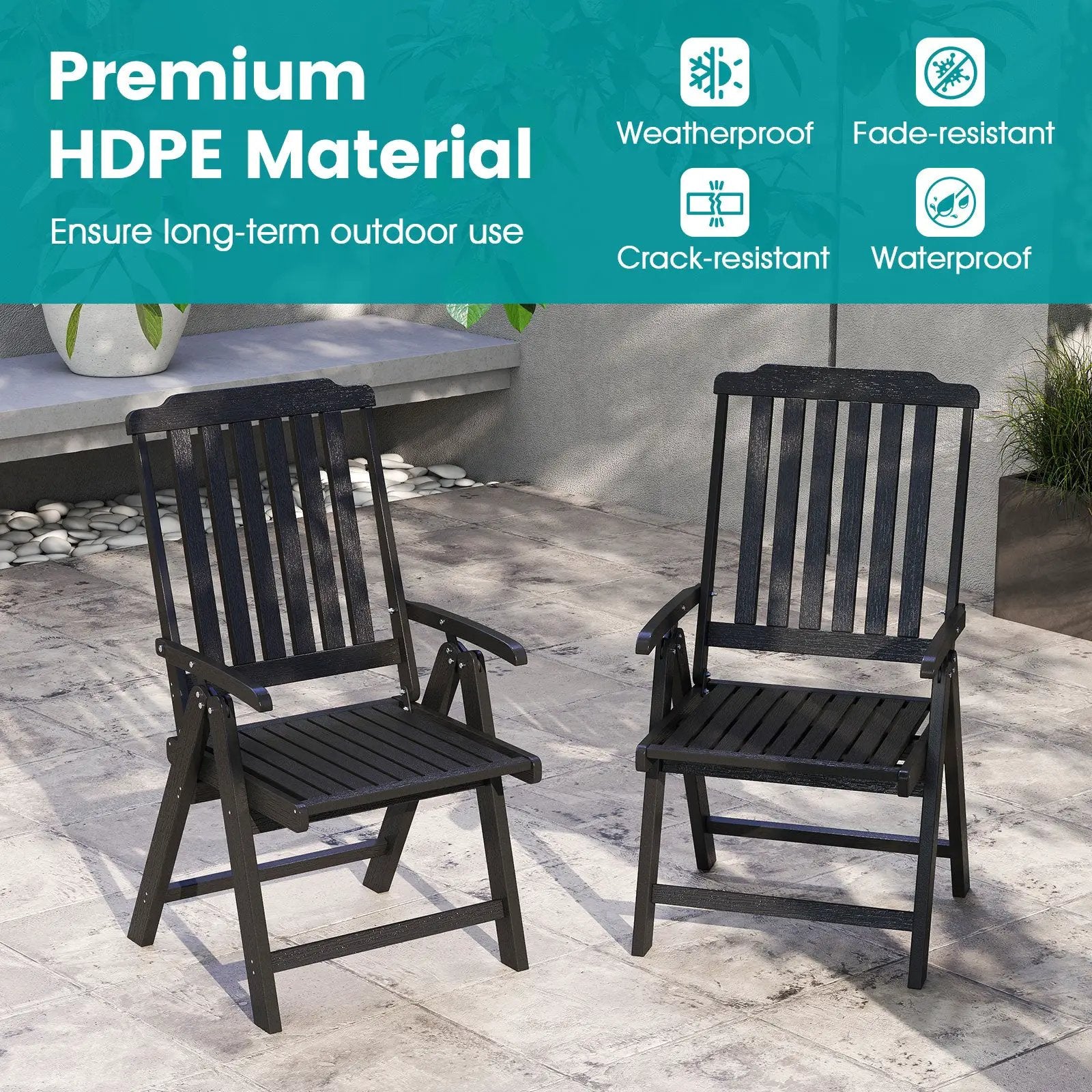 Foldable Patio Chair All-Weather HDPE Outdoor Dining Chair with Armrest by DirectDeals