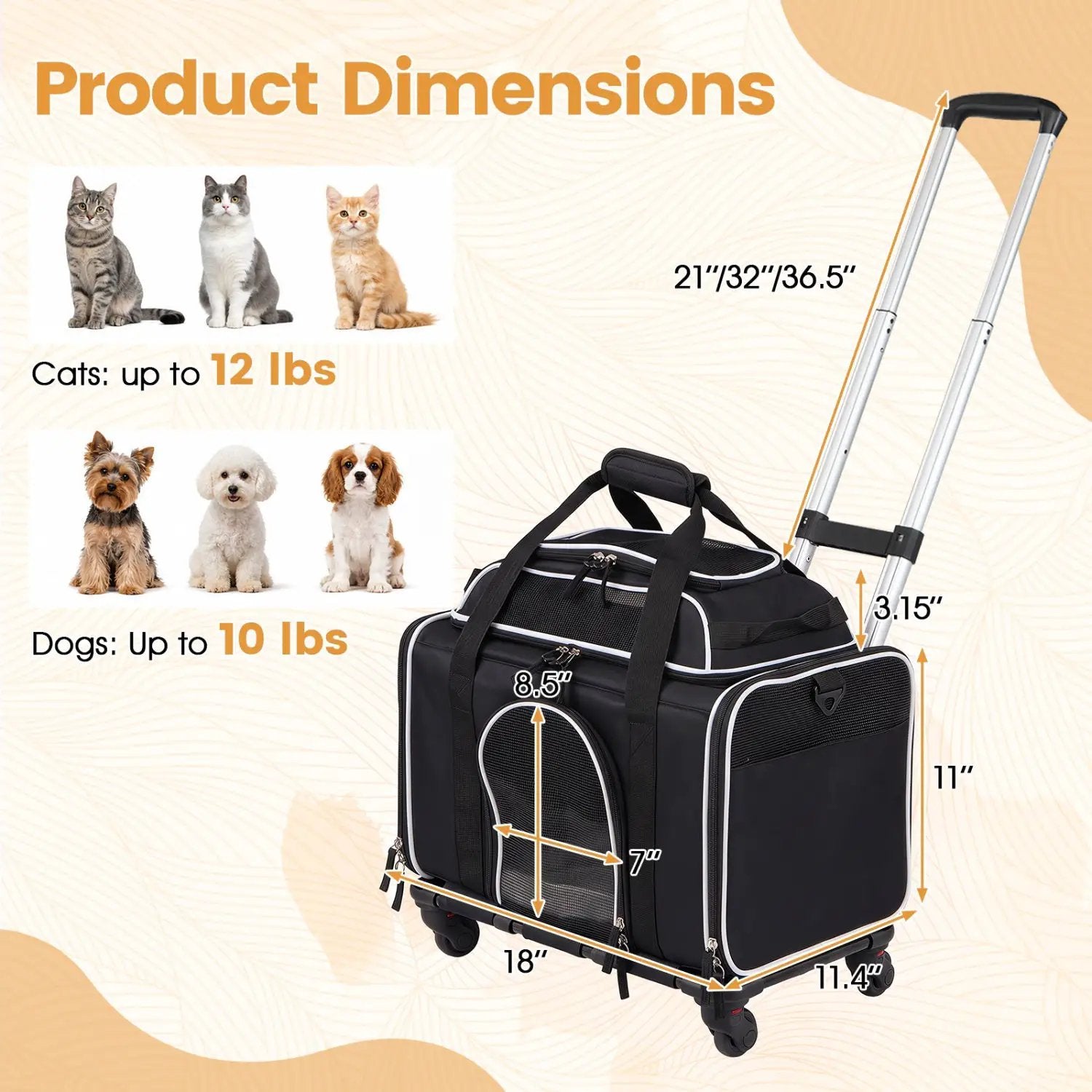 Rolling Pet Carrier with Wheels for Cats and Small Dogs by DirectDeals