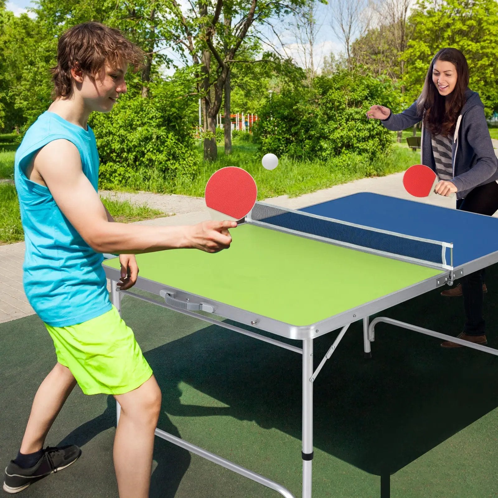 Foldable Ping Pong Table Game Set Mini Table Tennis Table with Adjustable Height-Blue & Green by DirectDeals