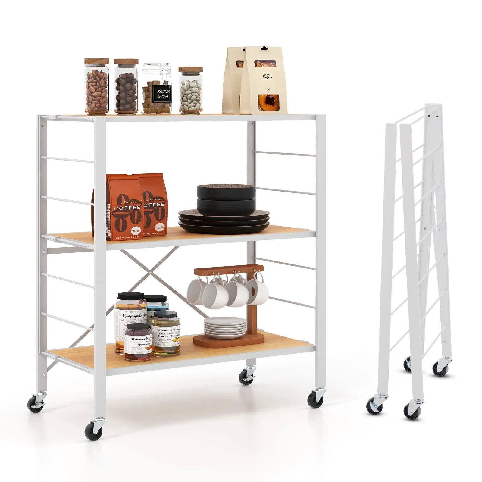3-Tier Foldable Shelving Unit with Detachable Wheels and Adjustable Shelves by DirectDeals