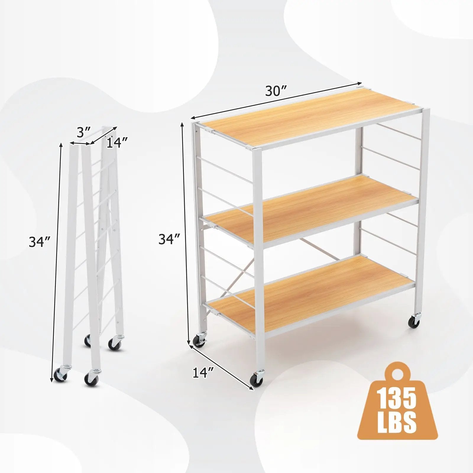 3-Tier Foldable Shelving Unit with Detachable Wheels and Adjustable Shelves by DirectDeals