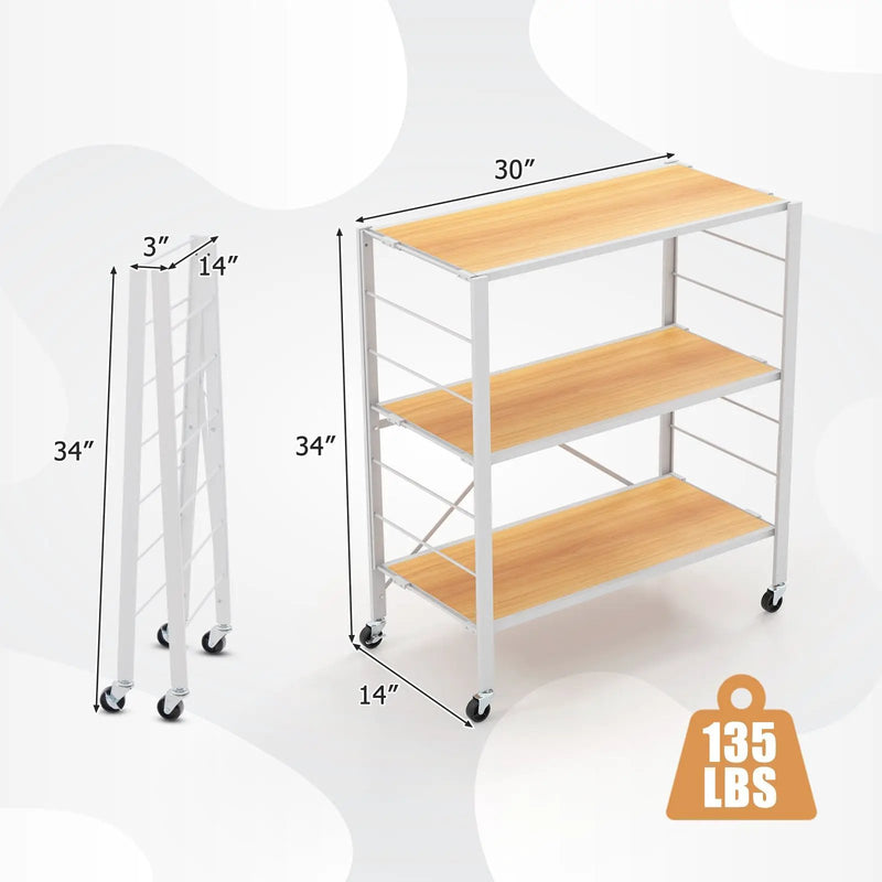 3-Tier Foldable Shelving Unit with Detachable Wheels and Adjustable Shelves by DirectDeals