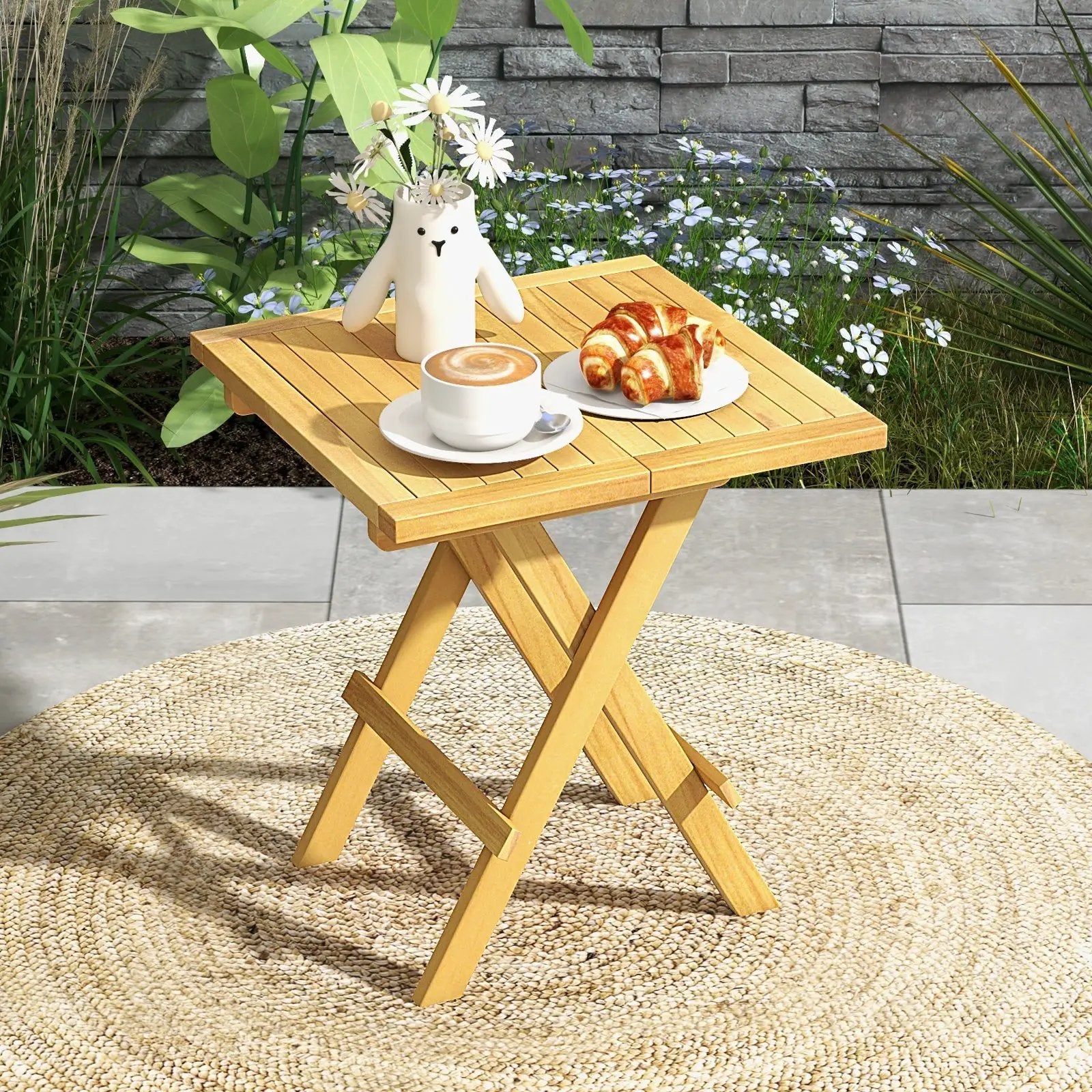 Teak Wood Square Coffee Table with X-shaped Legs and Slatted Tabletop by DirectDeals