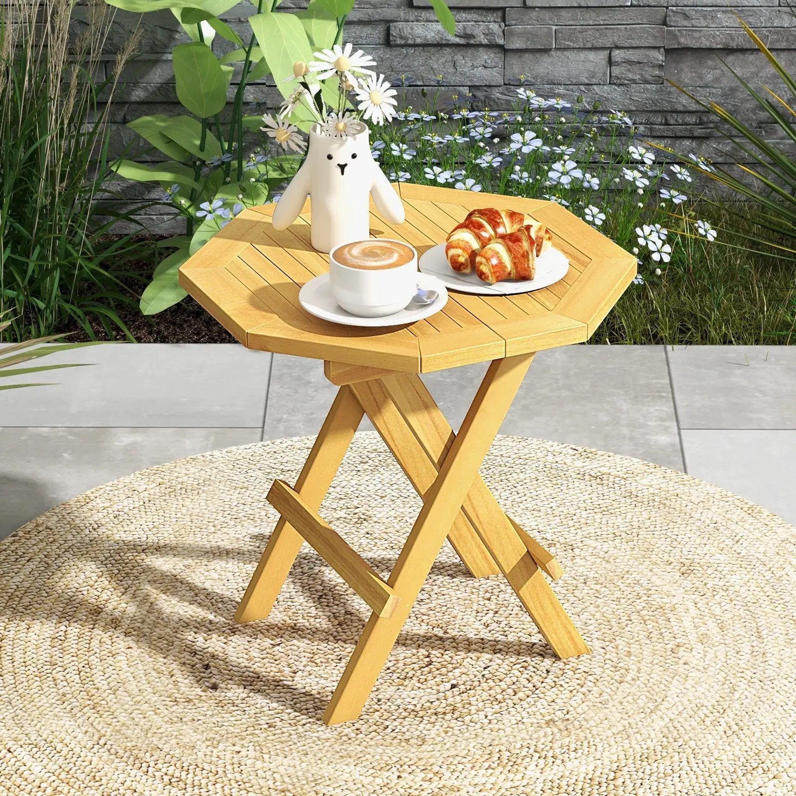 Teak Wood Octagon Coffee Table with X-shaped Legs and Slatted Tabletop by DirectDeals