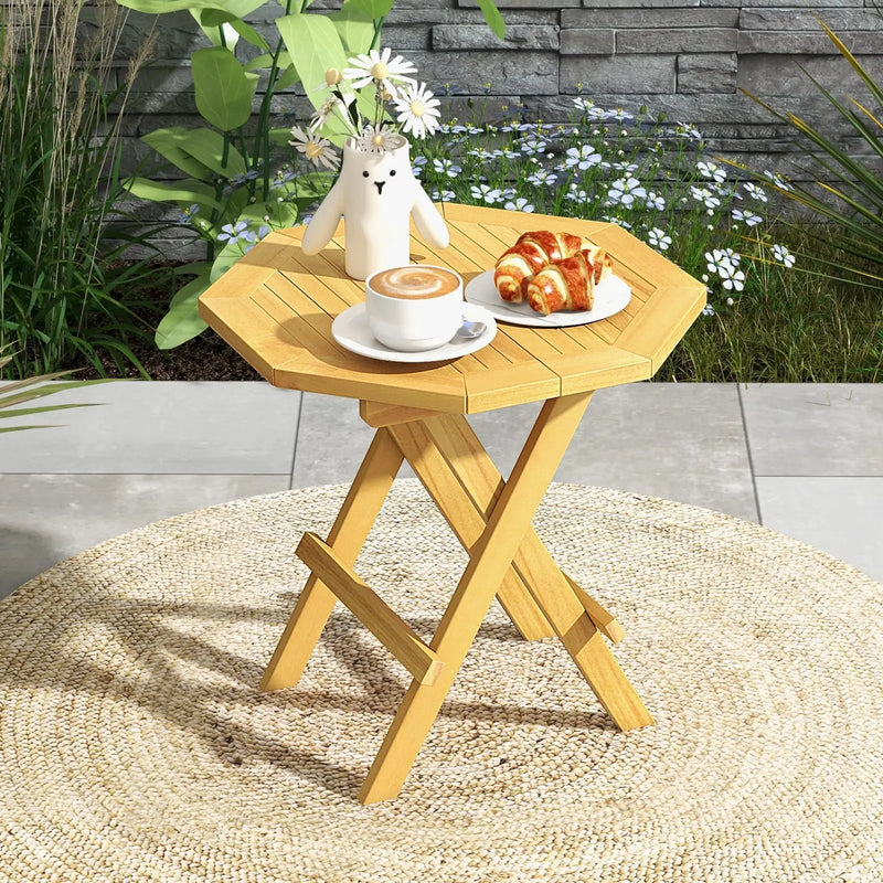 Teak Wood Octagon Coffee Table with X-shaped Legs and Slatted Tabletop by DirectDeals