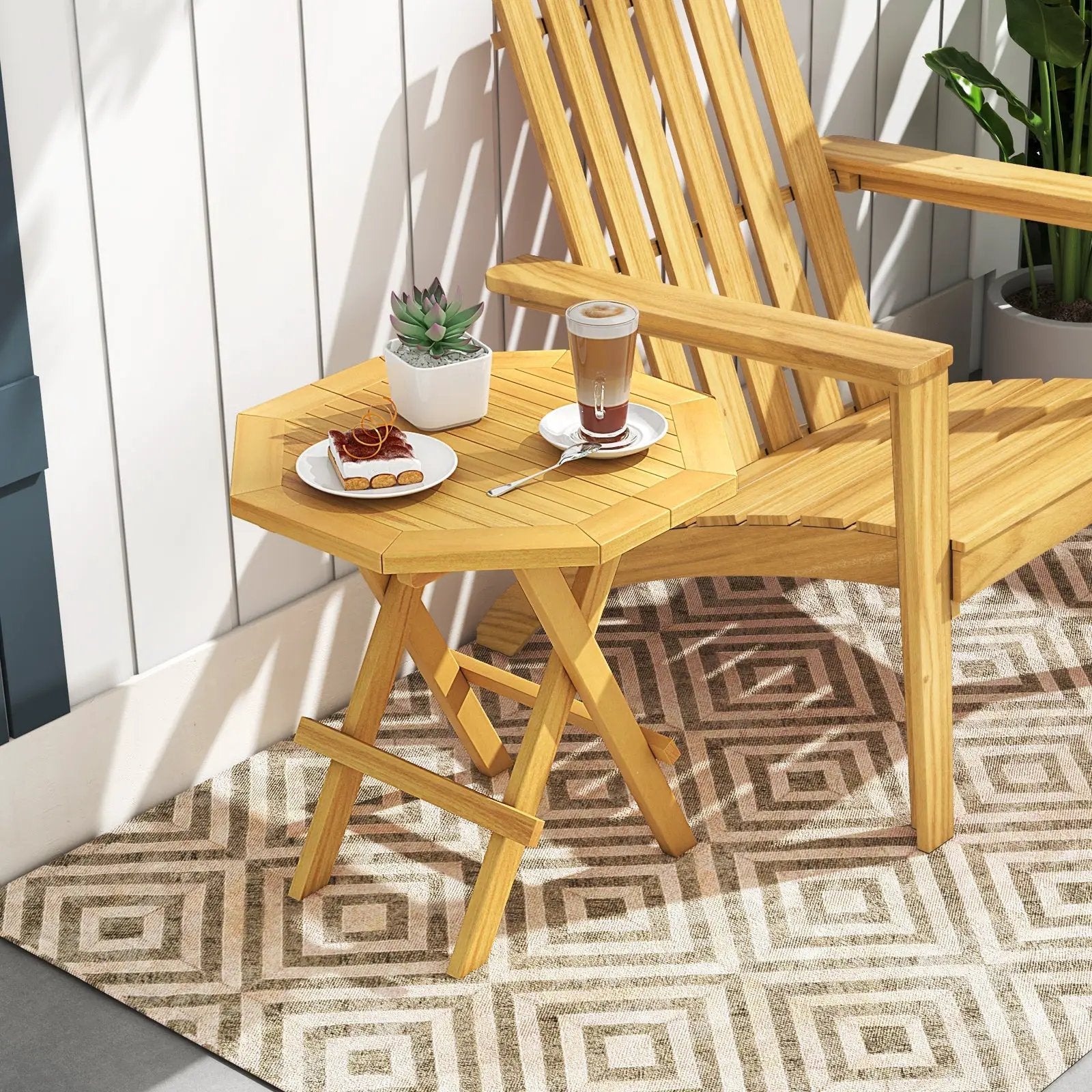 Teak Wood Octagon Coffee Table with X-shaped Legs and Slatted Tabletop by DirectDeals