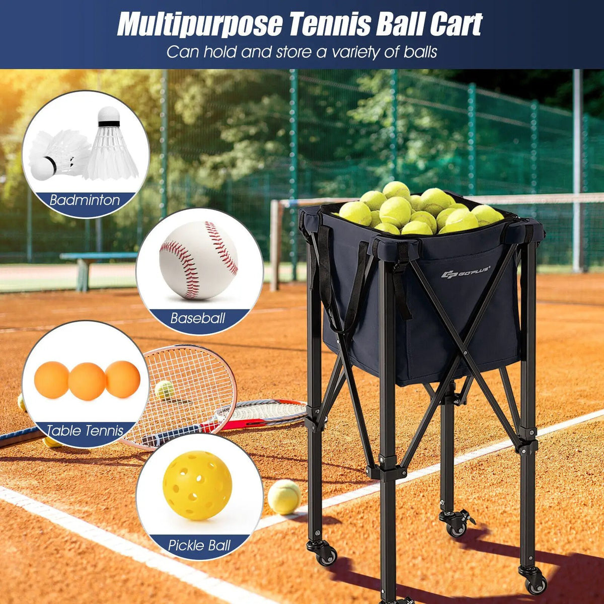 Lightweight Foldable Tennis Ball Teaching Cart with Wheels and Removable Bag, photo 6 of 9