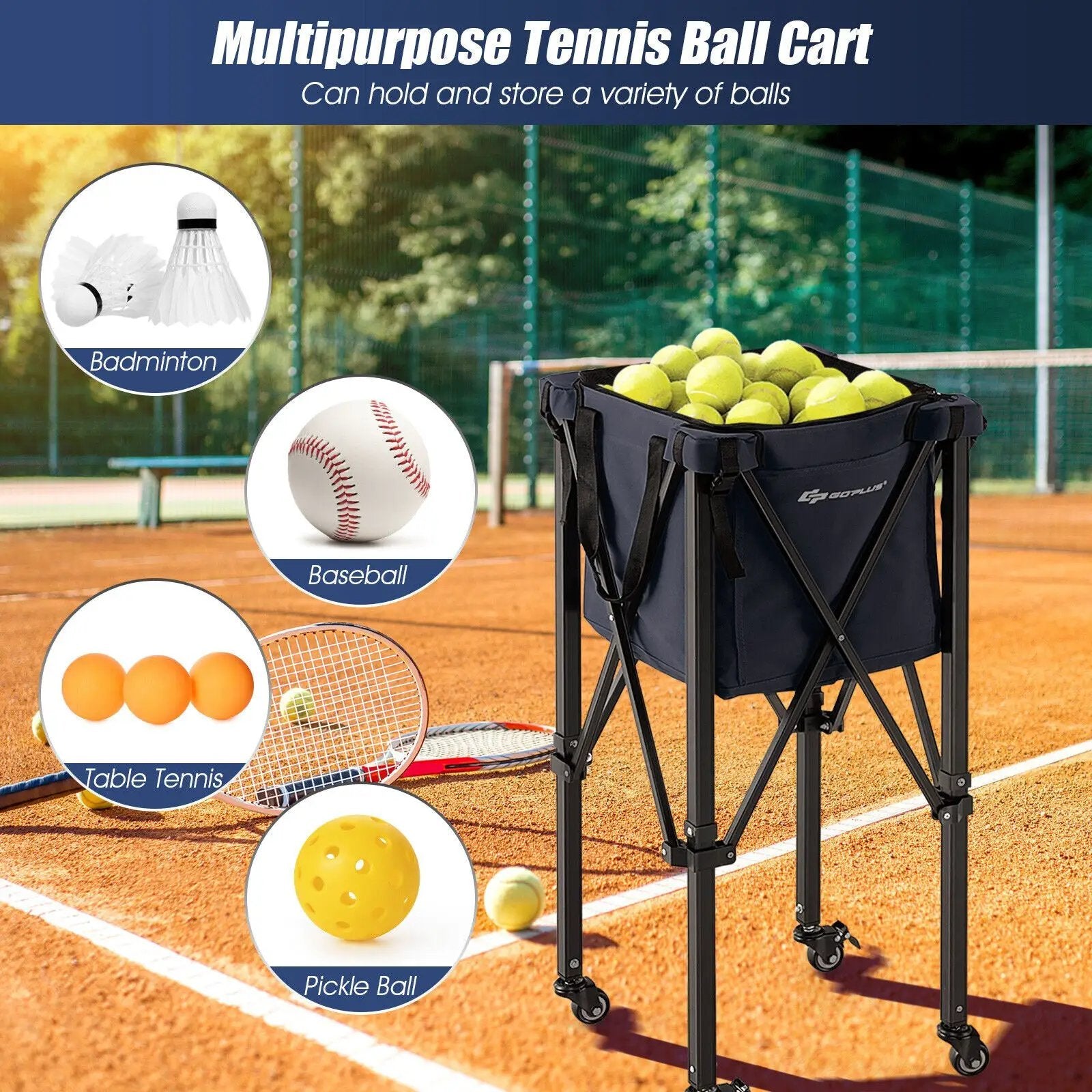 Lightweight Foldable Tennis Ball Teaching Cart with Wheels and Removable Bag by DirectDeals