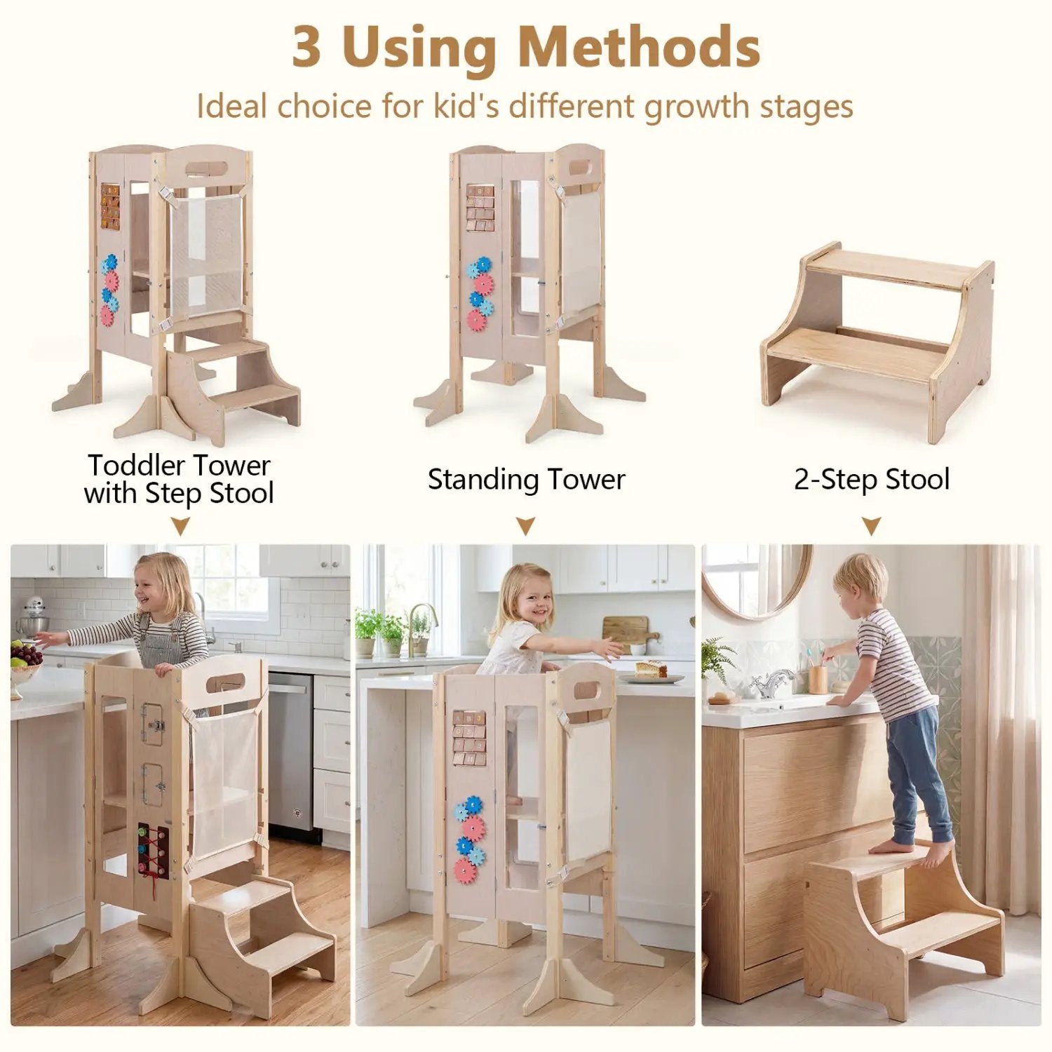 Foldable Toddler Step Stool Wooden Kitchen Standing Tower with 2 by DirectDeals