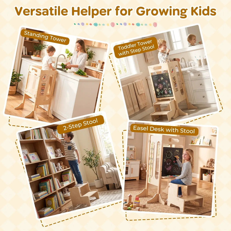 Foldable Toddler Tower with 2-Step Stool and Safety Net for 3+ Years Old by DirectDeals