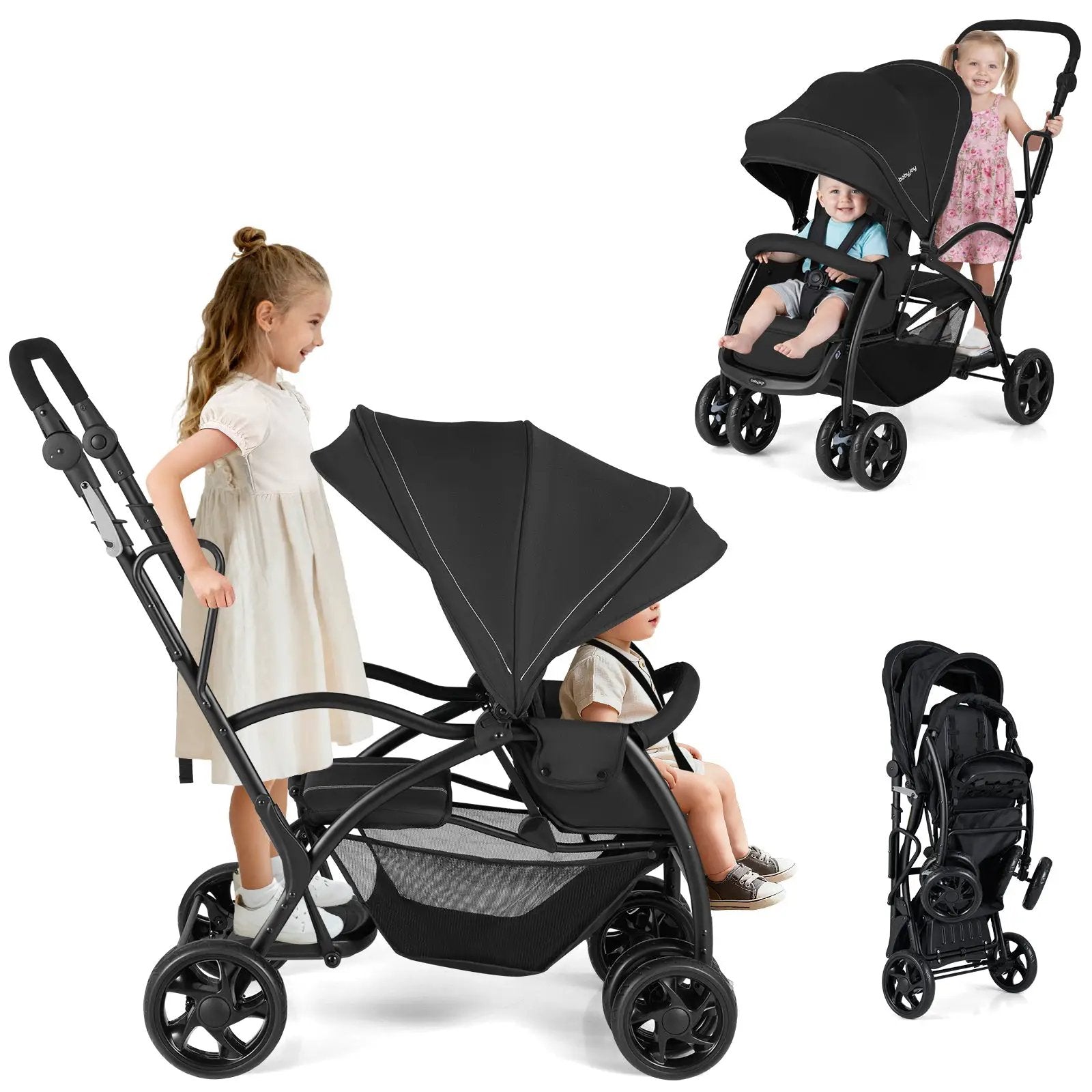 Foldable Twin Tandem Stroller Sit and Stand Double Stroller with Adjustable Handle Bar-Black by DirectDeals