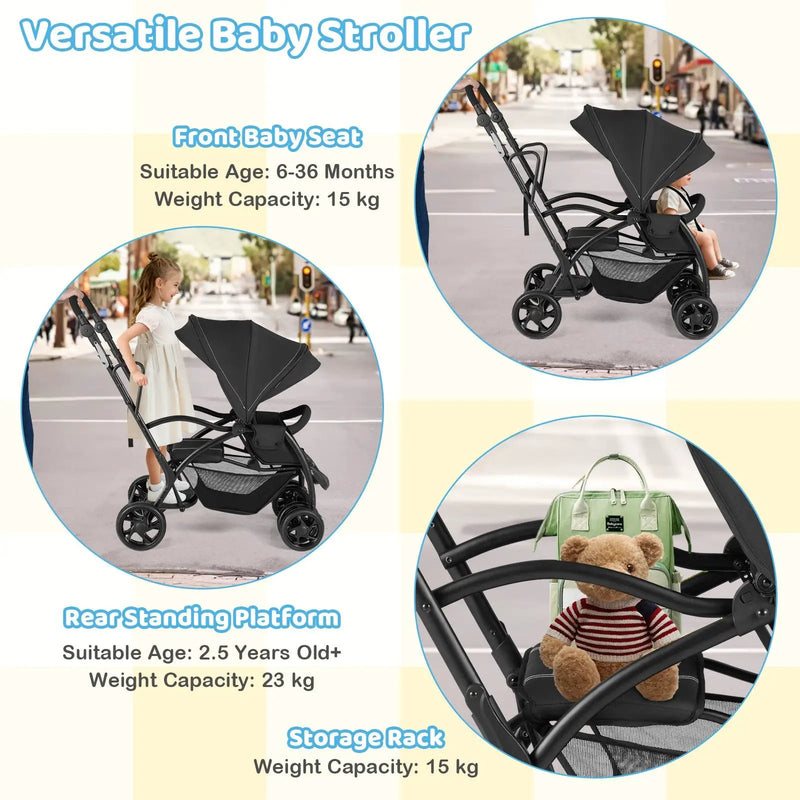 Foldable Twin Tandem Stroller Sit and Stand Double Stroller with Adjustable Handle Bar-Black by DirectDeals