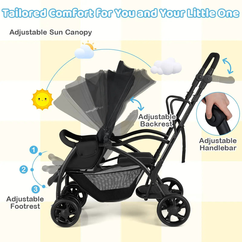 Foldable Twin Tandem Stroller Sit and Stand Double Stroller with Adjustable Handle Bar-Black by DirectDeals